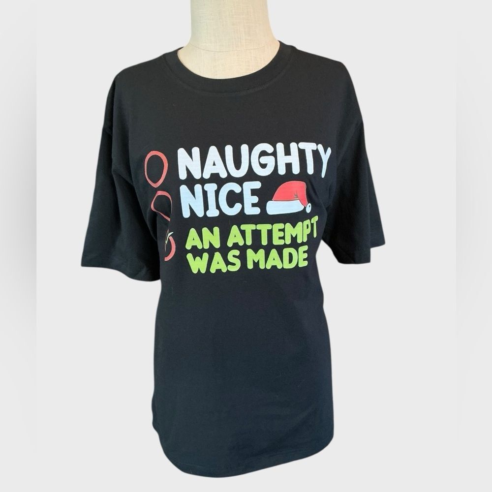 Women’s Christmas Graphic T-Shirt Funny Naughty Nice Holiday Tee XL